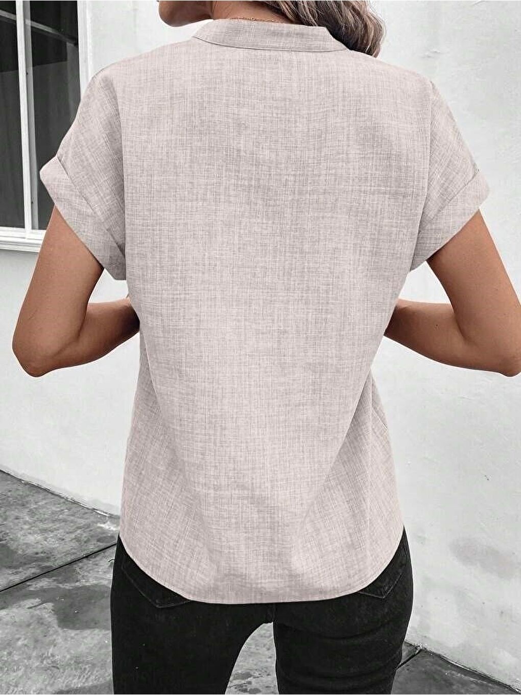 Bej Kadın Kısa Kollu Hakim Yaka Sofya Bluz-4