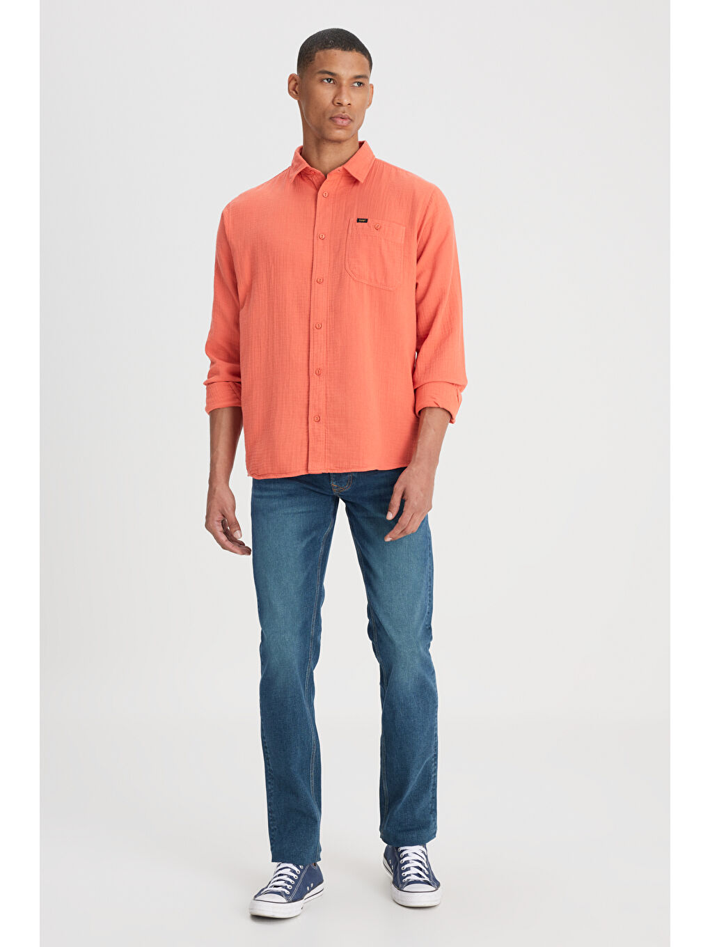 Relaxed Fit Geniş Kesim %100 Pamuk Turuncu Gömlek-2