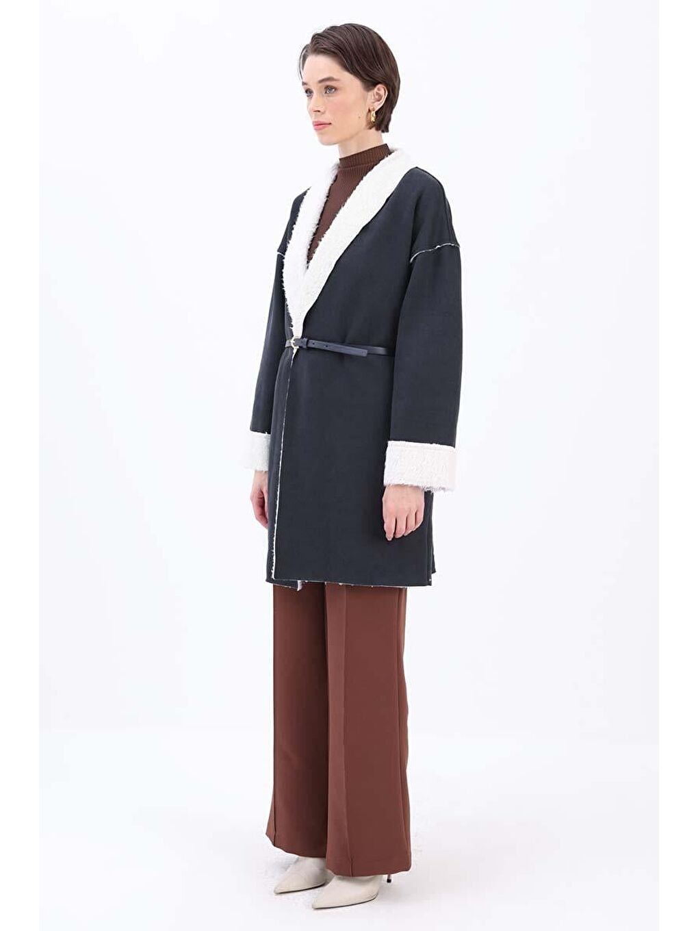 Siyah-Oversize Gizli Cepli Süet Kaban-1