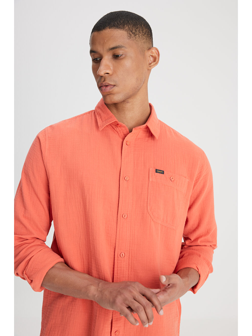 Relaxed Fit Geniş Kesim %100 Pamuk Turuncu Gömlek-3