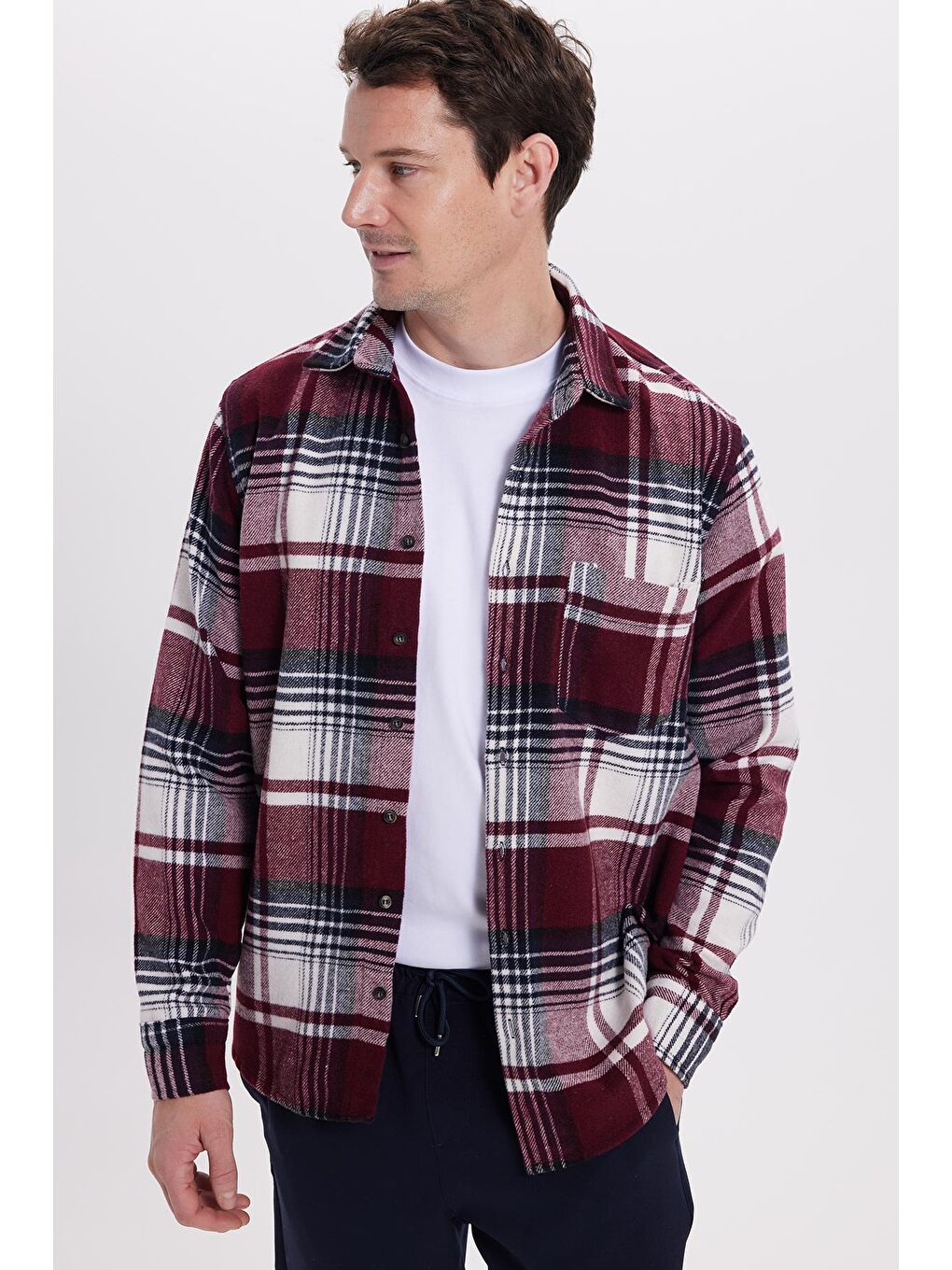 Bordo Erkek Regular Fit Rahat Kesim Kışlık Kareli Oduncu Gömlek