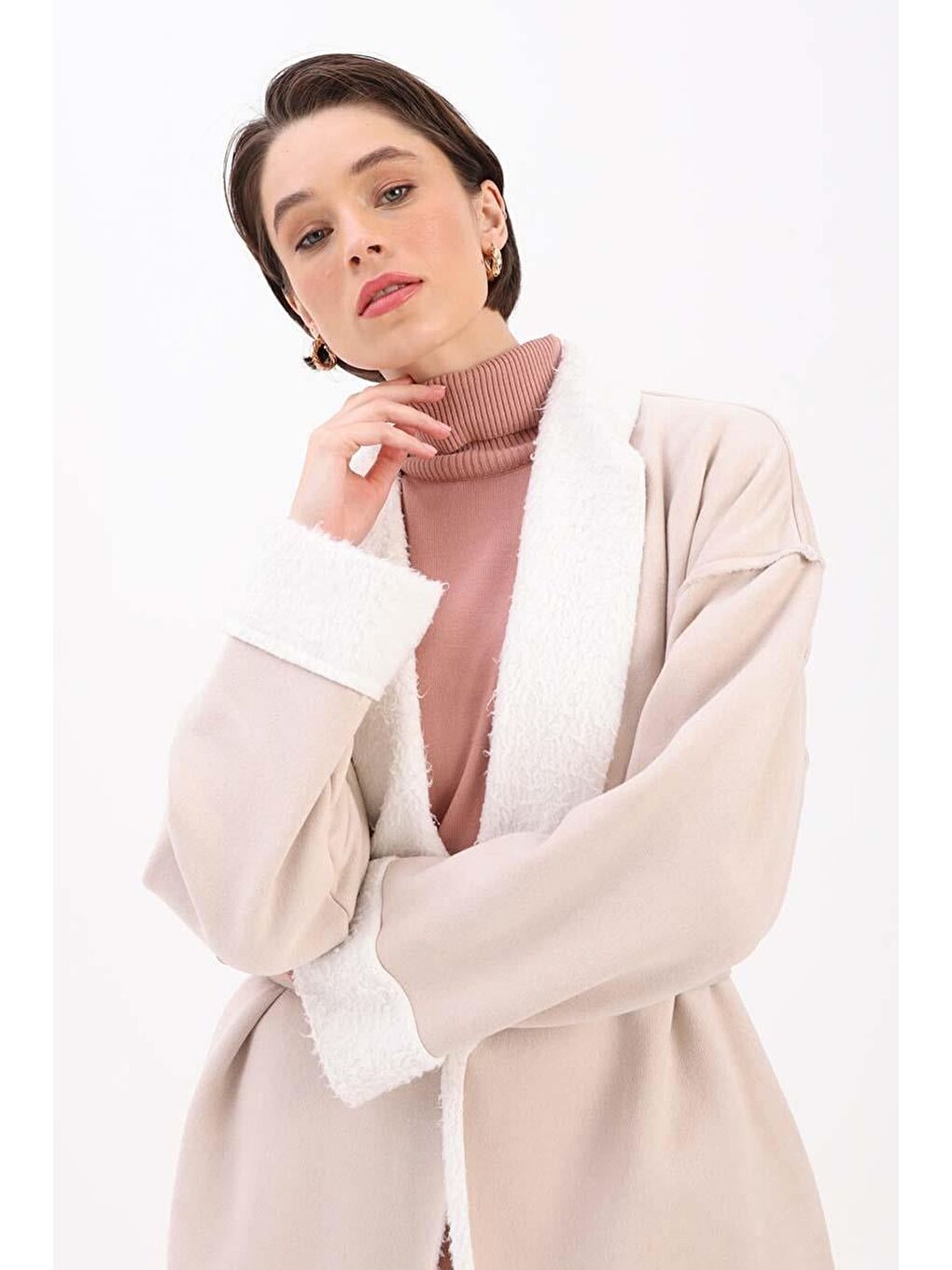 Bej Taş-Oversize Gizli Cepli Süet Kaban