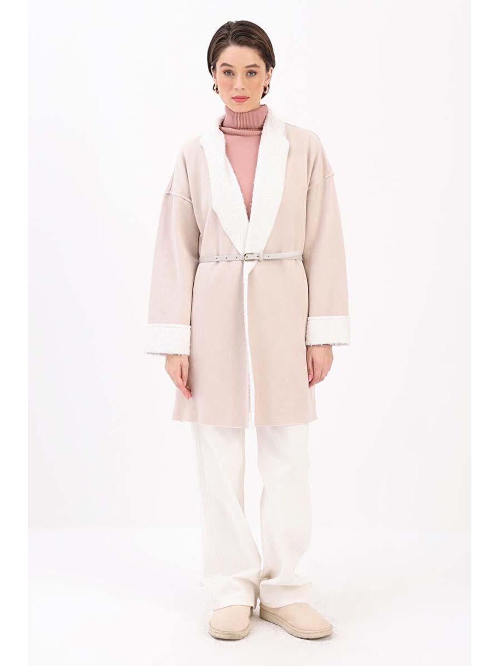 Bej Taş-Oversize Gizli Cepli Süet Kaban-1