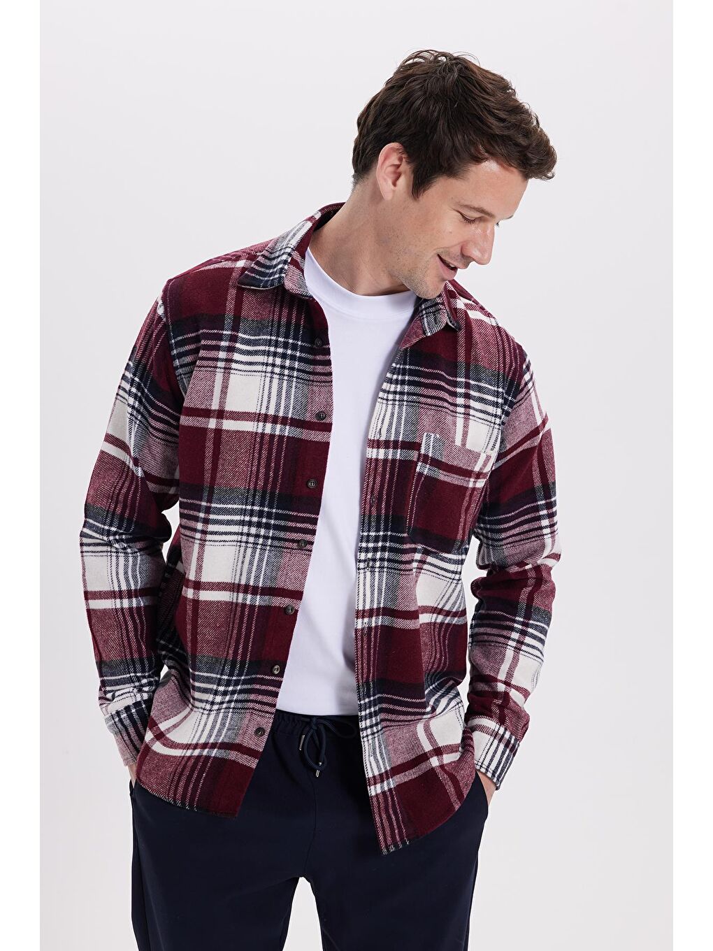Bordo Erkek Regular Fit Rahat Kesim Kışlık Kareli Oduncu Gömlek-4
