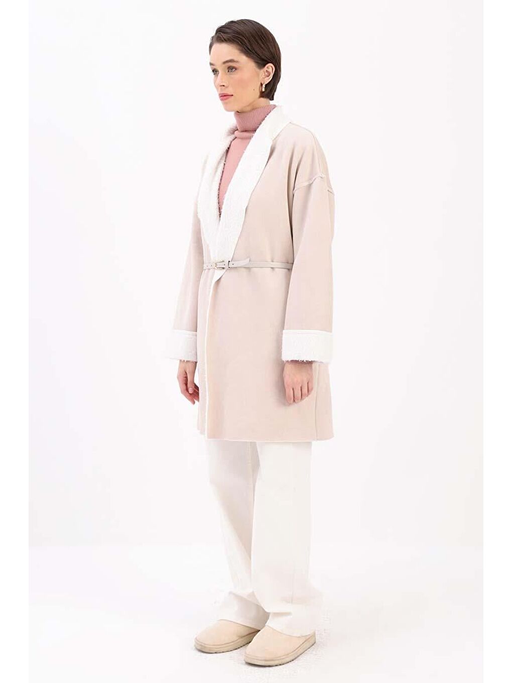 Bej Taş-Oversize Gizli Cepli Süet Kaban-2