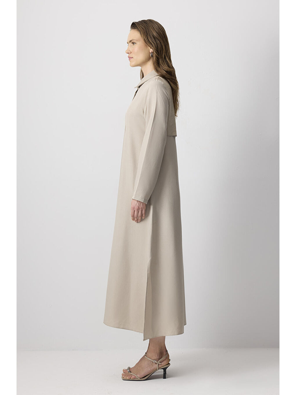 Bej Özel Dokulu Maxi Elbise-3