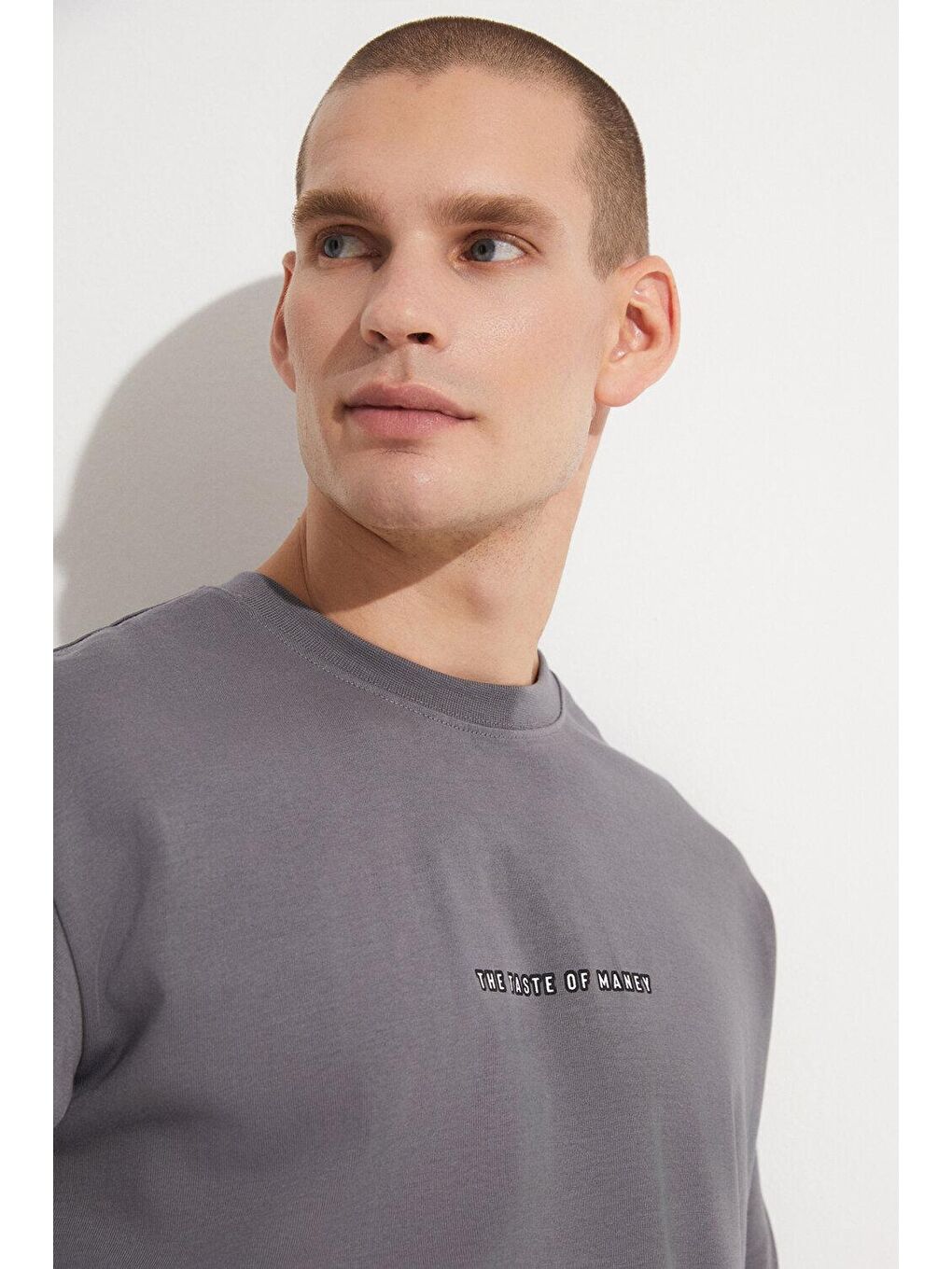 Gri Erkek Oversize %100 Pamuk Baskılı Bisiklet Yaka Tişört