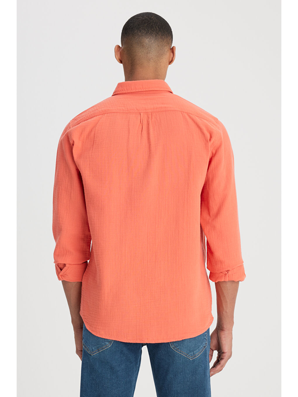 Relaxed Fit Geniş Kesim %100 Pamuk Turuncu Gömlek-5