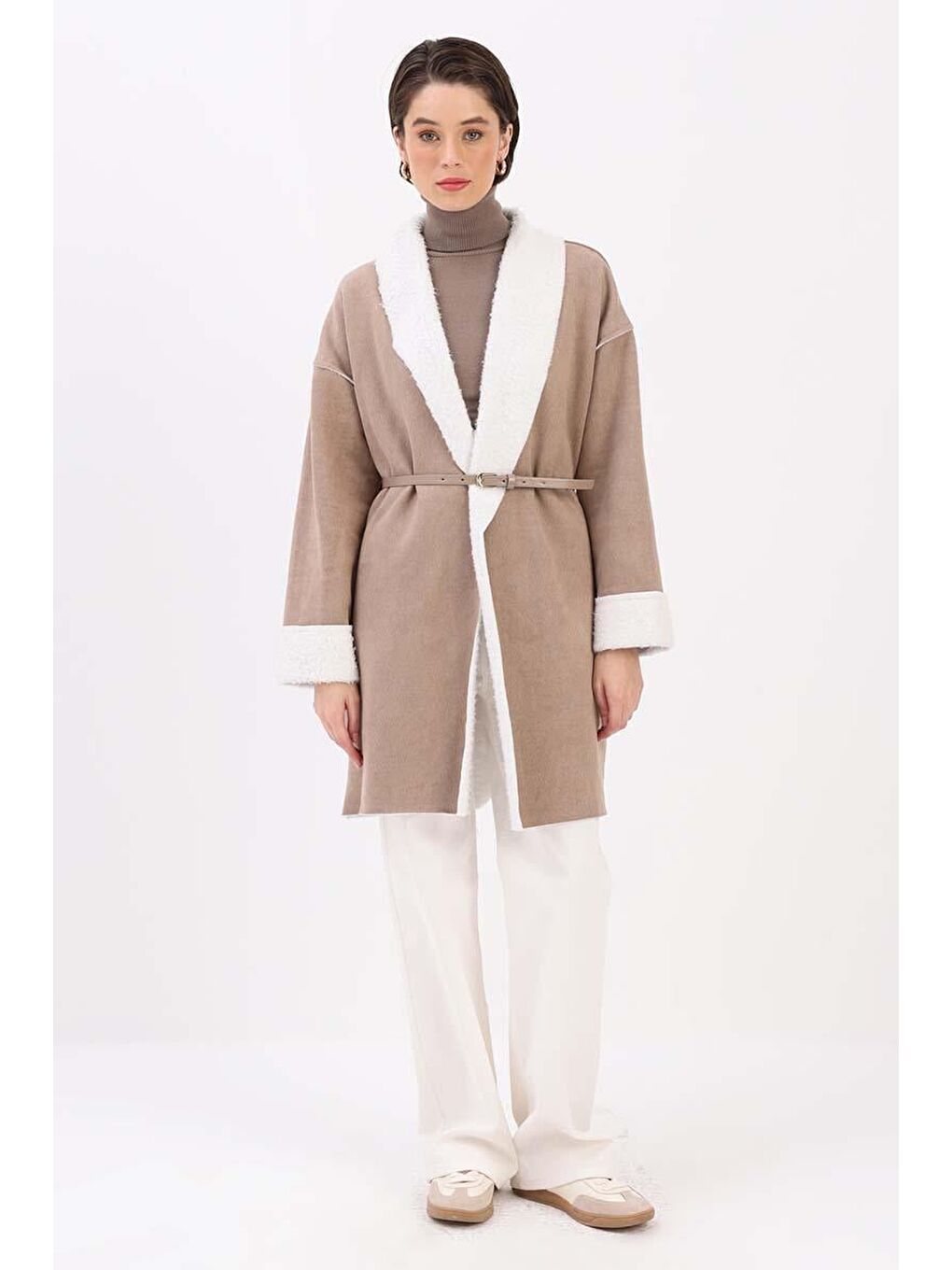 Bej Vizon-Oversize Gizli Cepli Süet Kaban-1