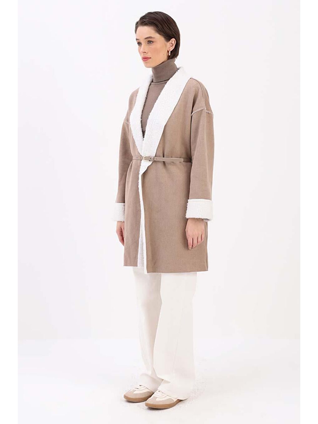 Bej Vizon-Oversize Gizli Cepli Süet Kaban-2