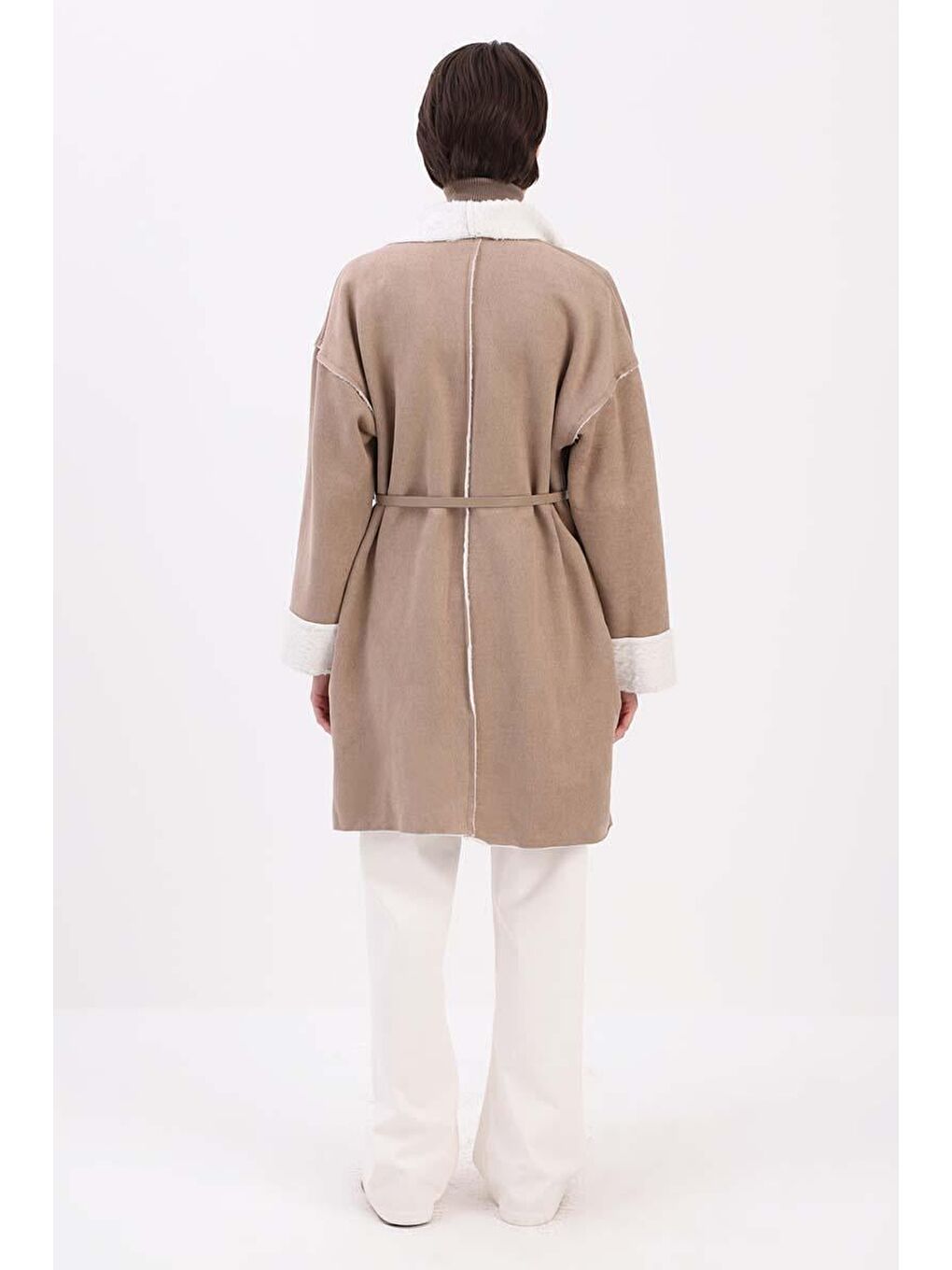 Bej Vizon-Oversize Gizli Cepli Süet Kaban-3