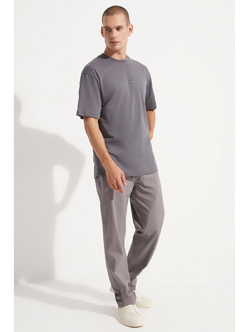 Gri Erkek Oversize %100 Pamuk Baskılı Bisiklet Yaka Tişört-3