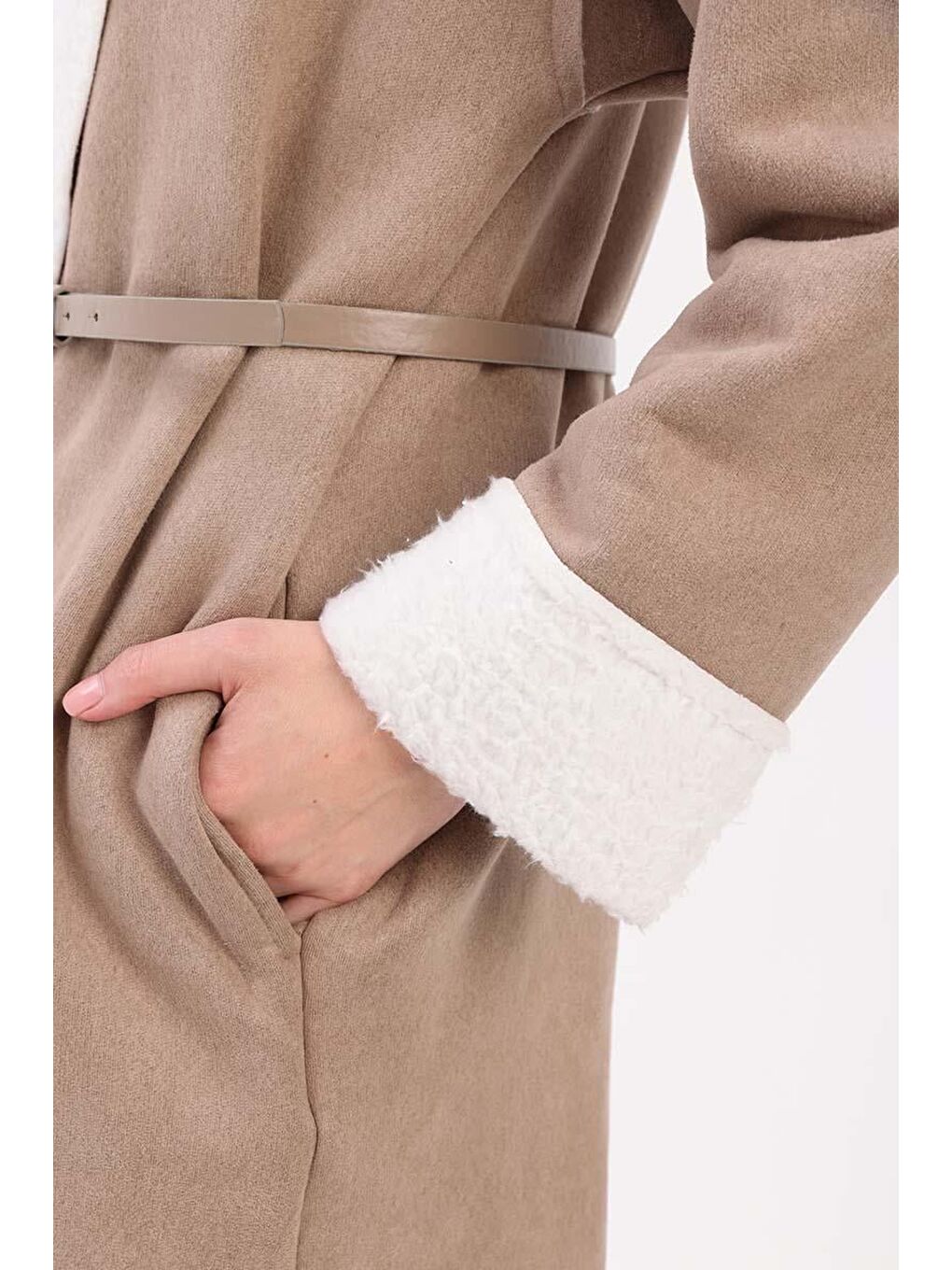 Bej Vizon-Oversize Gizli Cepli Süet Kaban-5