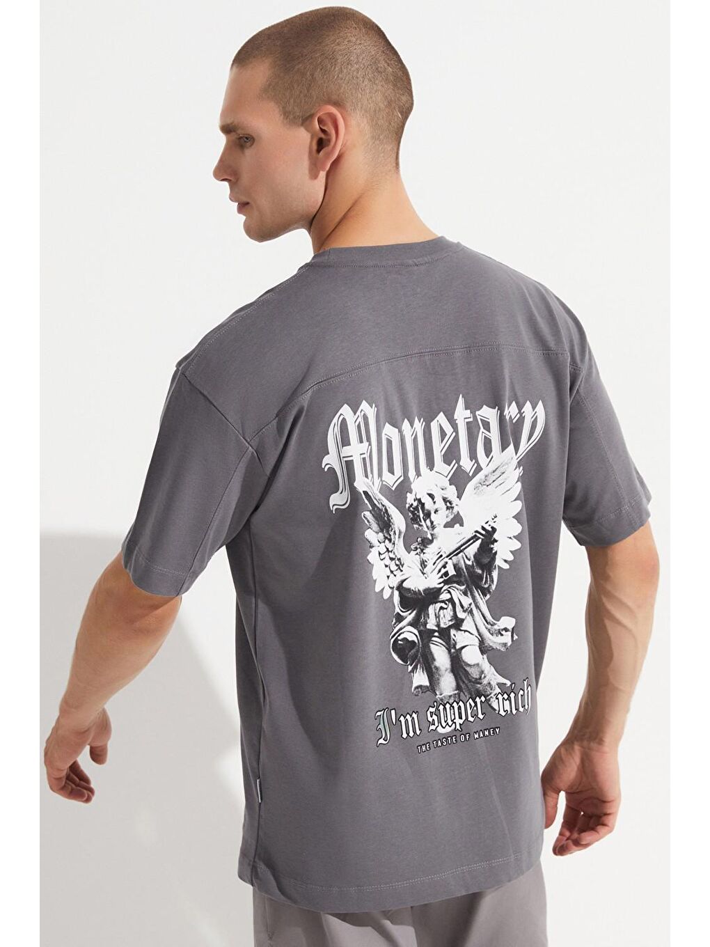 Gri Erkek Oversize %100 Pamuk Baskılı Bisiklet Yaka Tişört-4