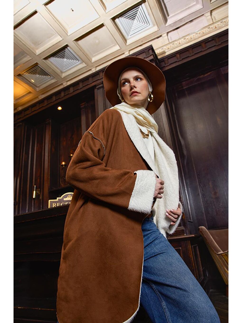 ALLDAY Kahverengi Camel-Oversize Gizli Cepli Süet Kaban