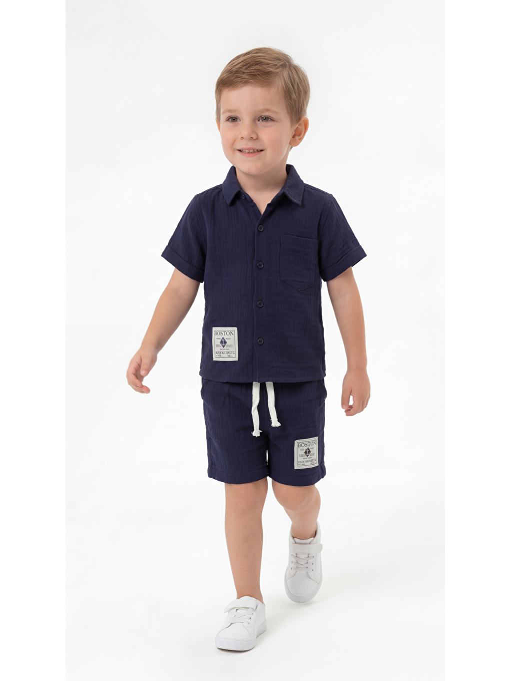 Lacivert Boston Etiketli Cep Detaylı Erkek Çocuk Gömlek & Şort Takımı-1