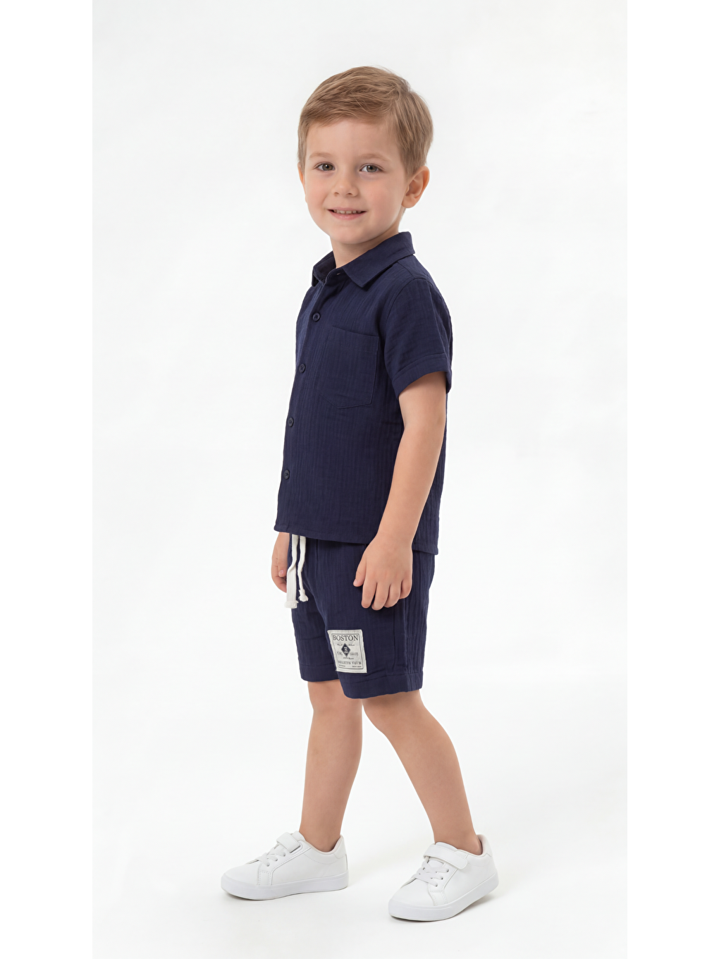 Lacivert Boston Etiketli Cep Detaylı Erkek Çocuk Gömlek & Şort Takımı-2