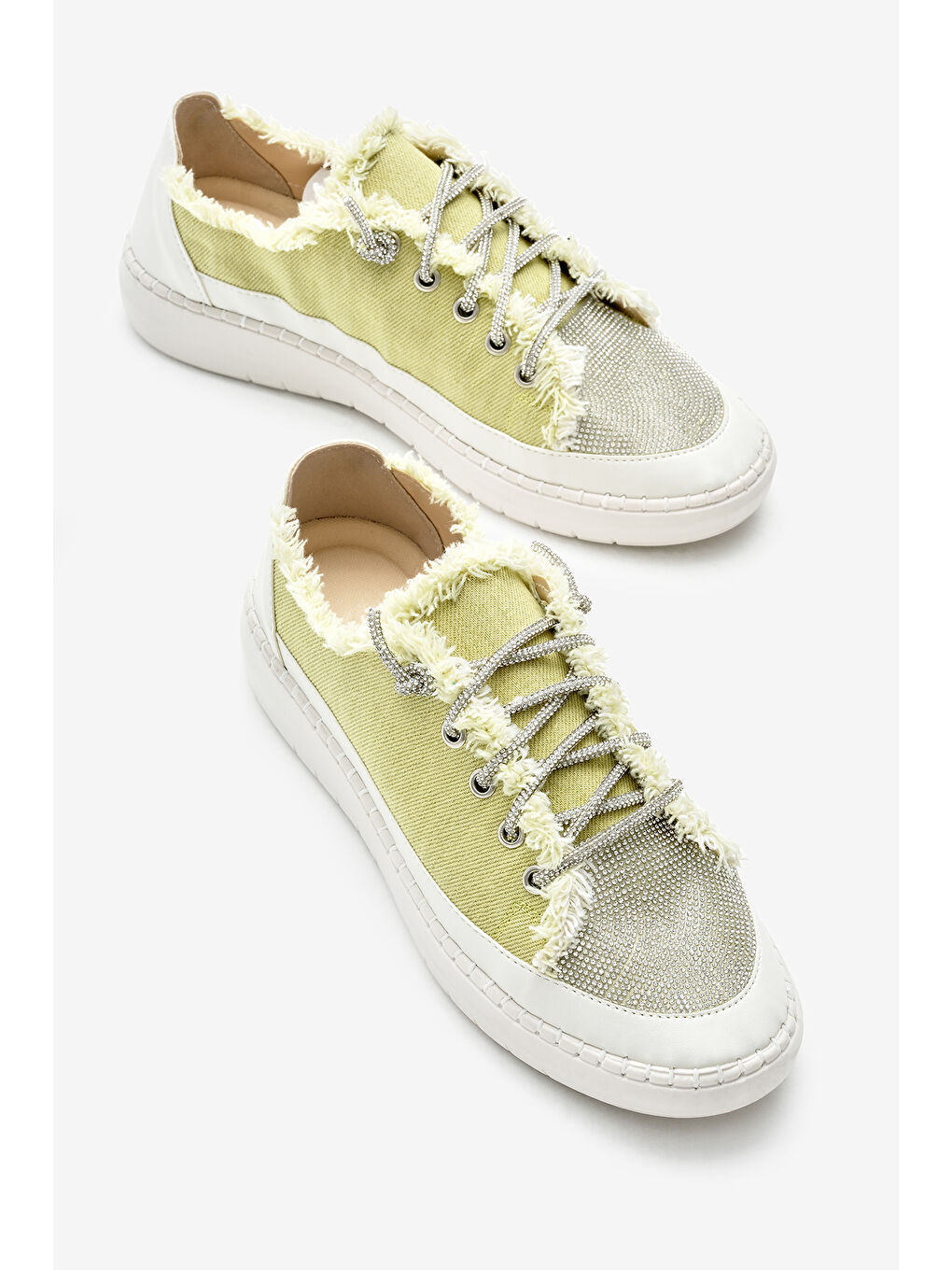 Kadın Yeşil Poli Taban Denim Kumaş Taşlı Bağcıklı Spor Ayakkabı-2