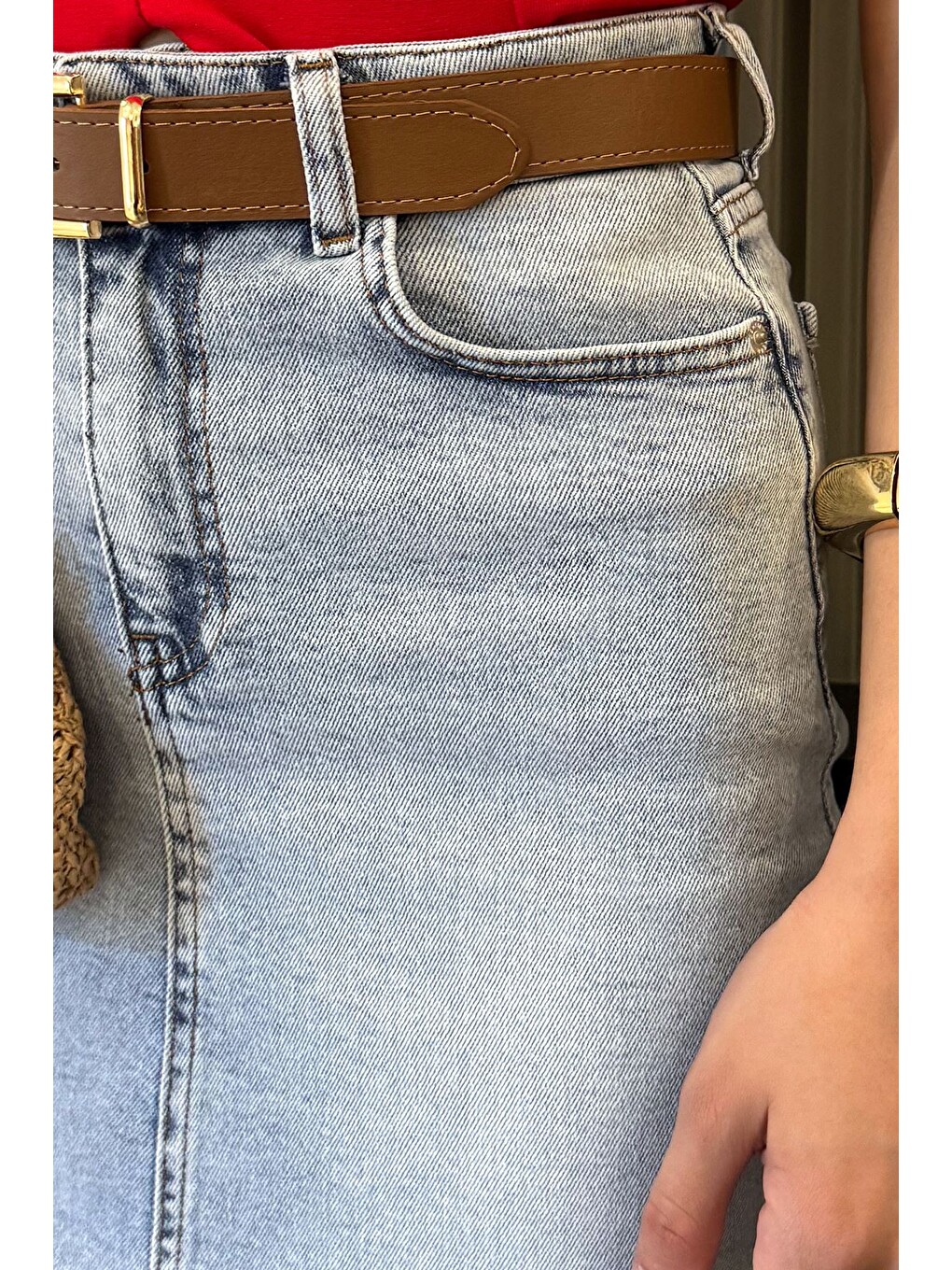 Mavi Kadın Deri Kemerli Jean Jean Etek-3