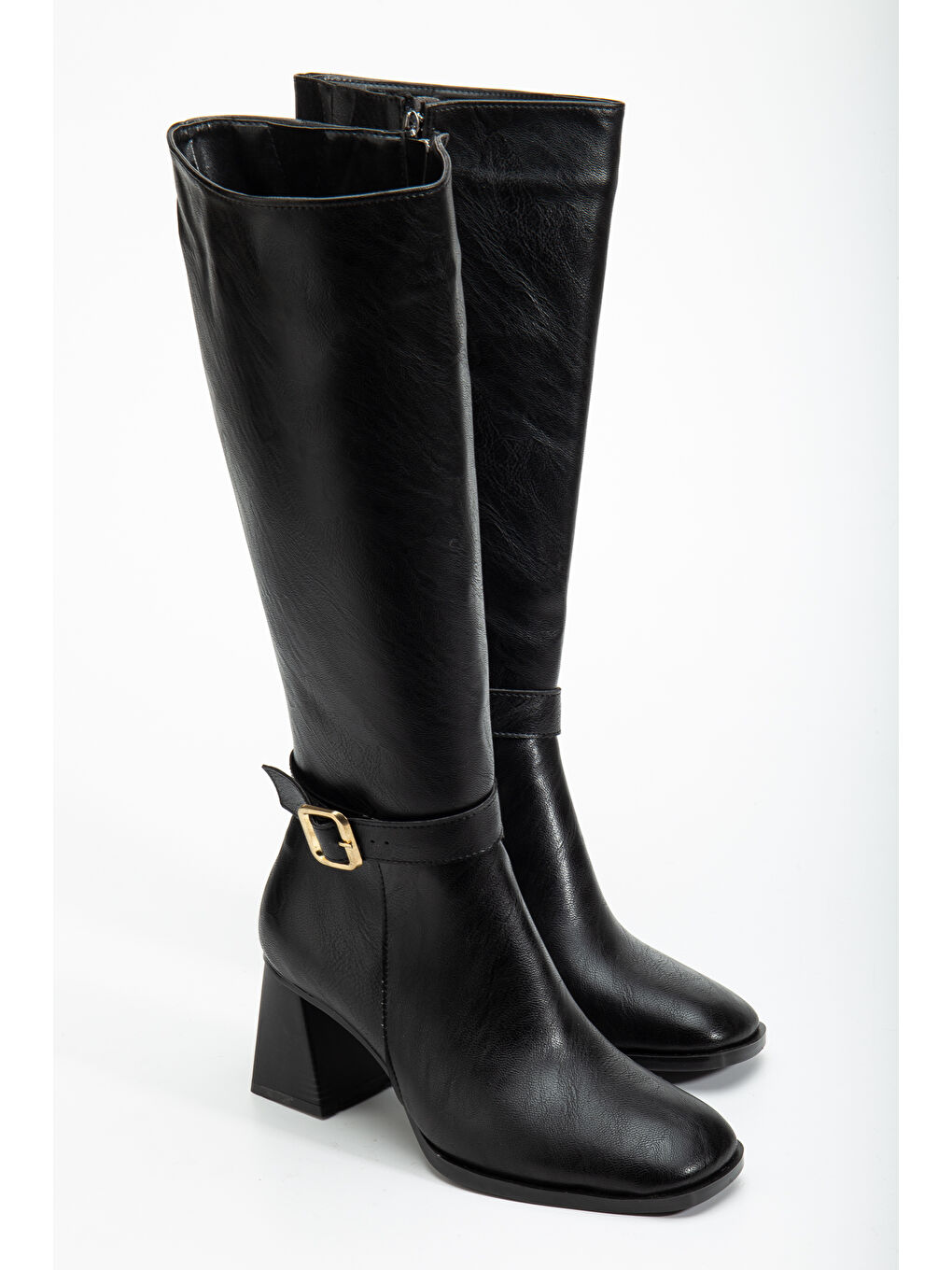 Kadın Siyah Cilt TPU Taban Kemer Tokalı Fermuarlı Topuklu Çizme