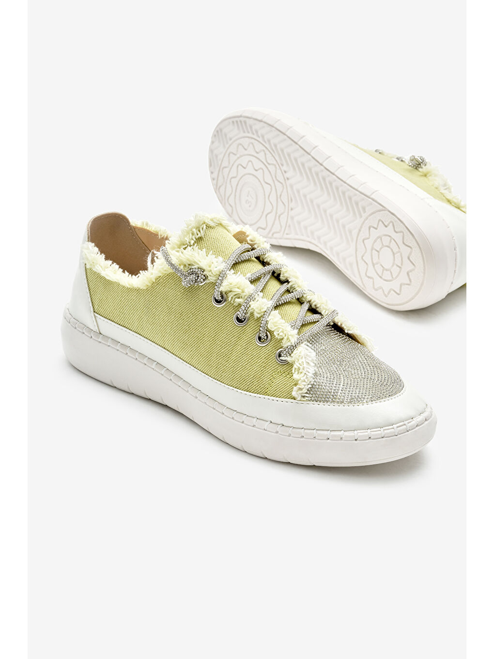 Kadın Yeşil Poli Taban Denim Kumaş Taşlı Bağcıklı Spor Ayakkabı-3