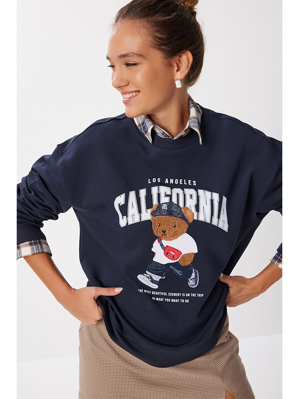 Ayıcık Armalı Baskılı Oversize Örme Sweatshirt Lacivert Lmc0074