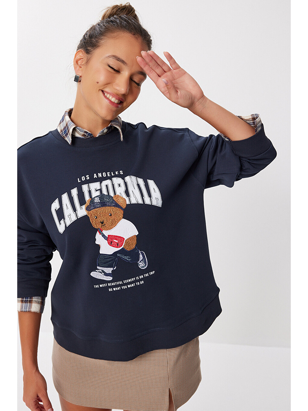 Ayıcık Armalı Baskılı Oversize Örme Sweatshirt Lacivert Lmc0074-1