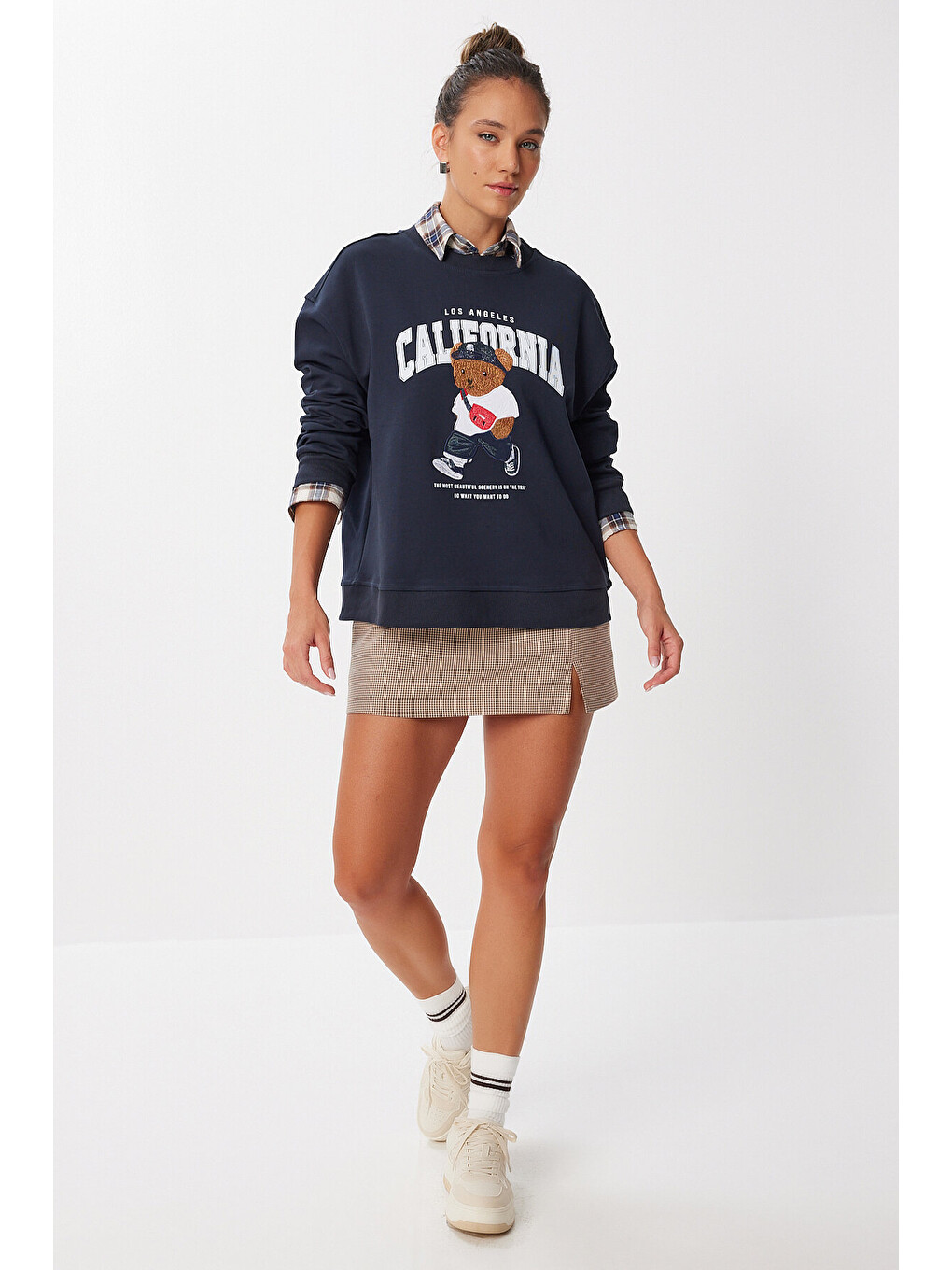 Ayıcık Armalı Baskılı Oversize Örme Sweatshirt Lacivert Lmc0074-2