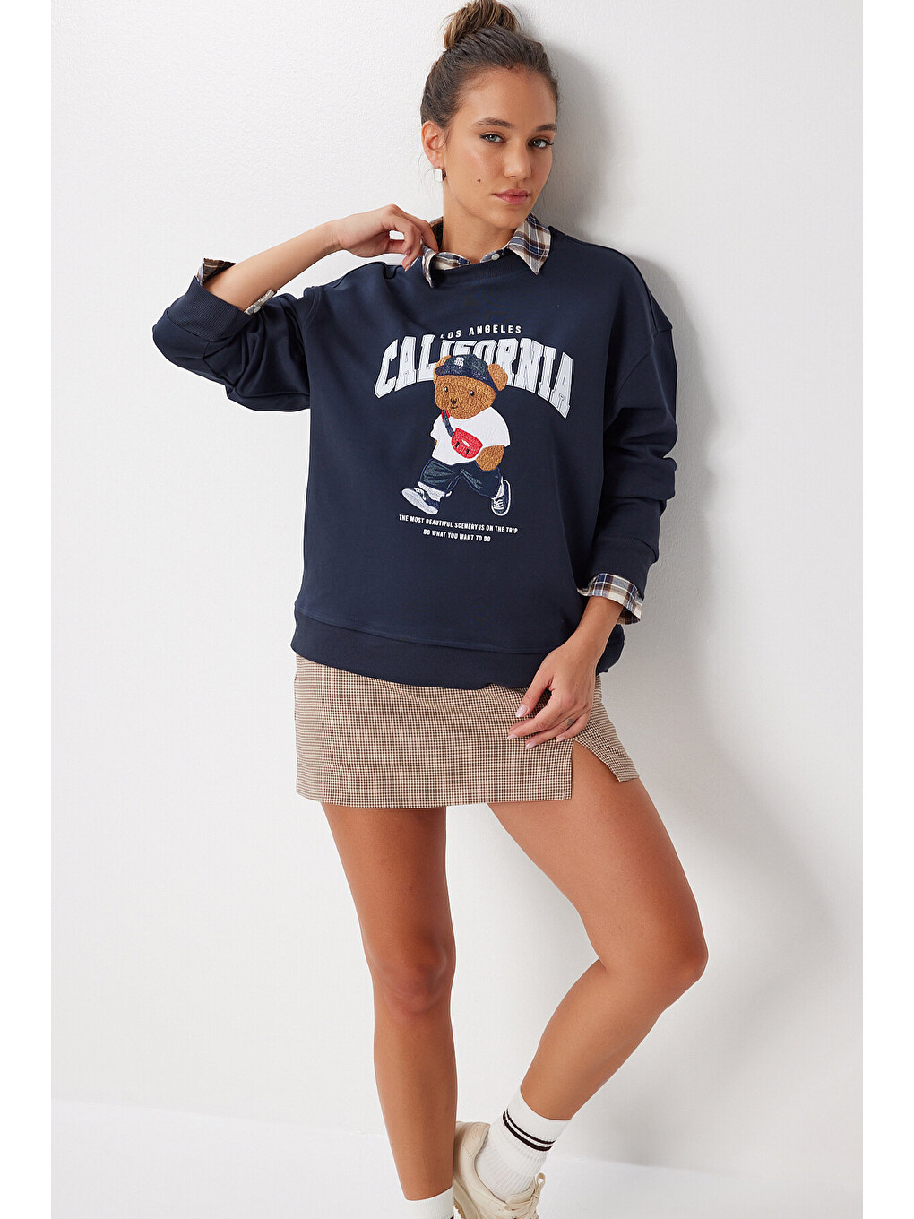 Ayıcık Armalı Baskılı Oversize Örme Sweatshirt Lacivert Lmc0074-3