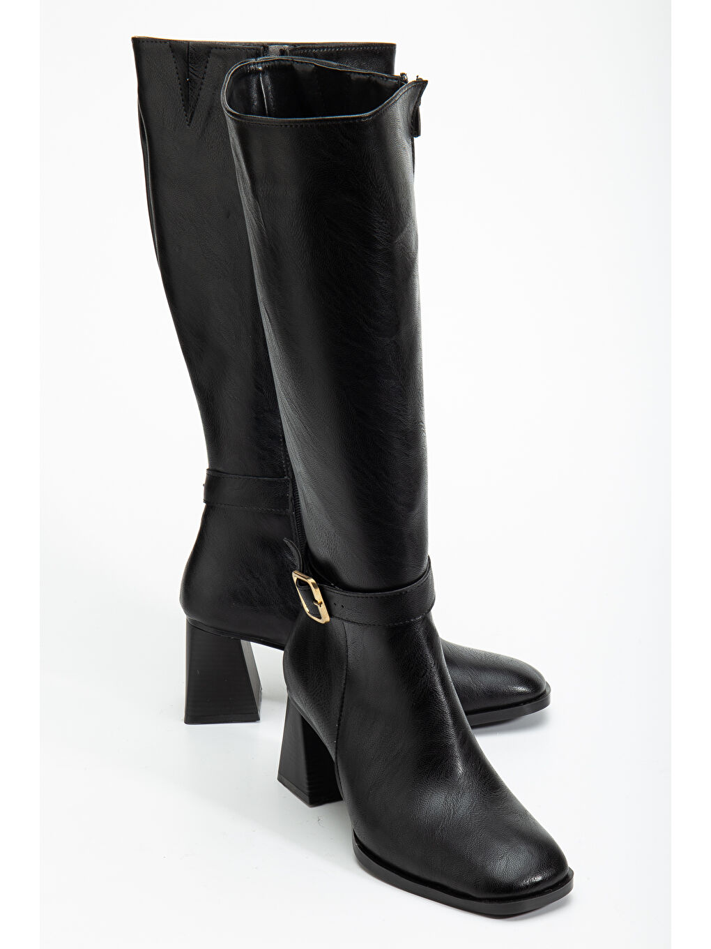 Kadın Siyah Cilt TPU Taban Kemer Tokalı Fermuarlı Topuklu Çizme-1