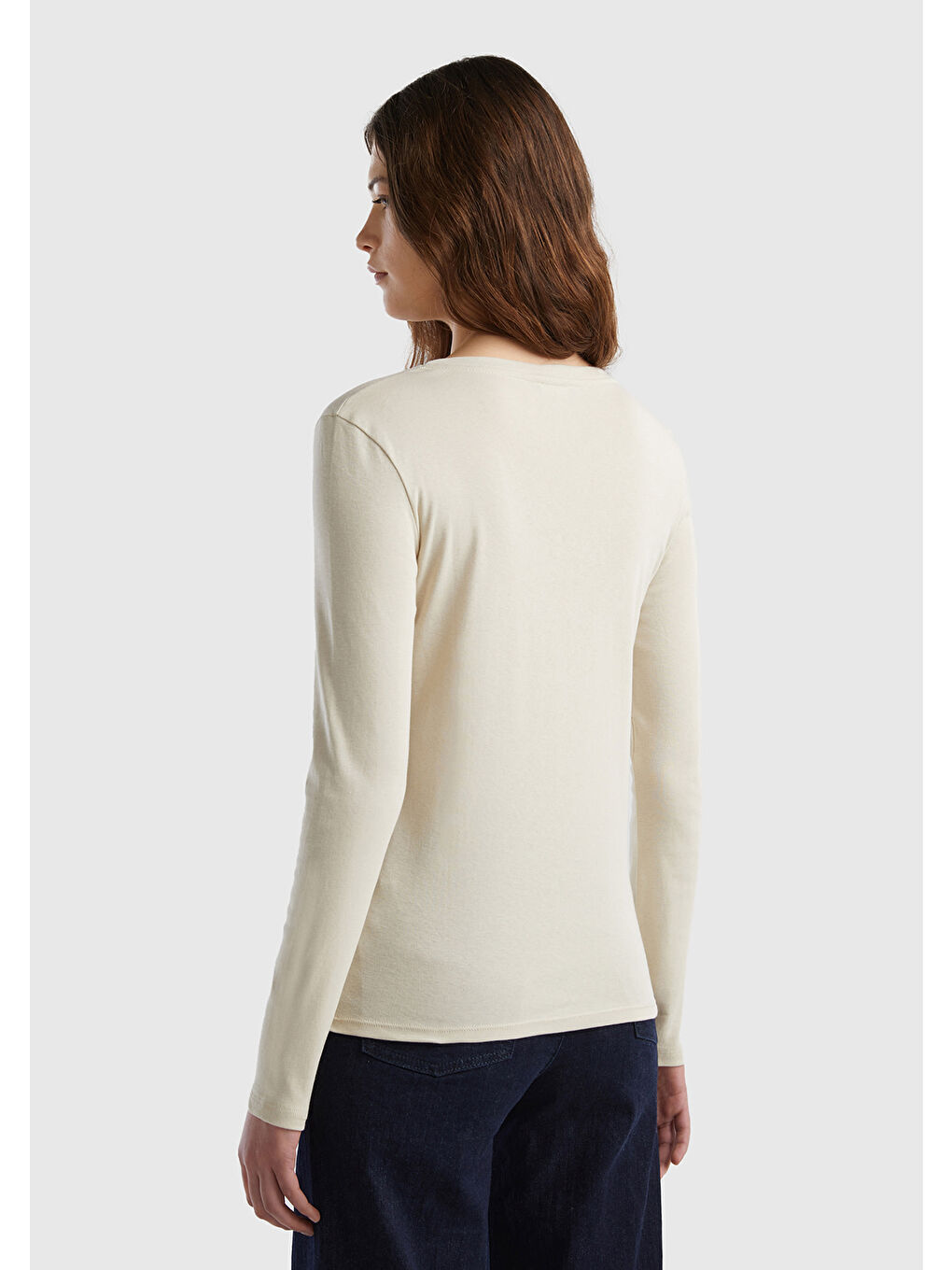 Kadın Bej Basic V Yaka Uzun Kollu Tişört-2