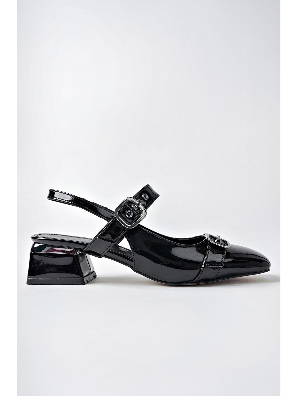 Siyah YUQİ Arkası Açık Küt Burun Çift Kemerli Kadın Günlük Klasik Kısa Topuklu Ayakkabı-2