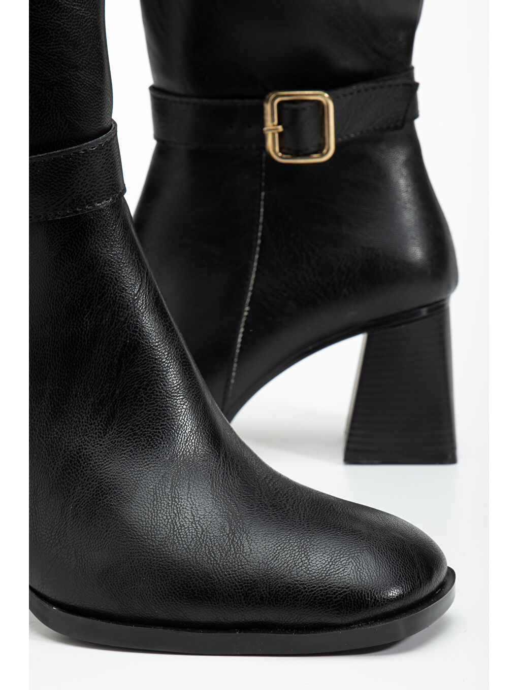 Kadın Siyah Cilt TPU Taban Kemer Tokalı Fermuarlı Topuklu Çizme-2