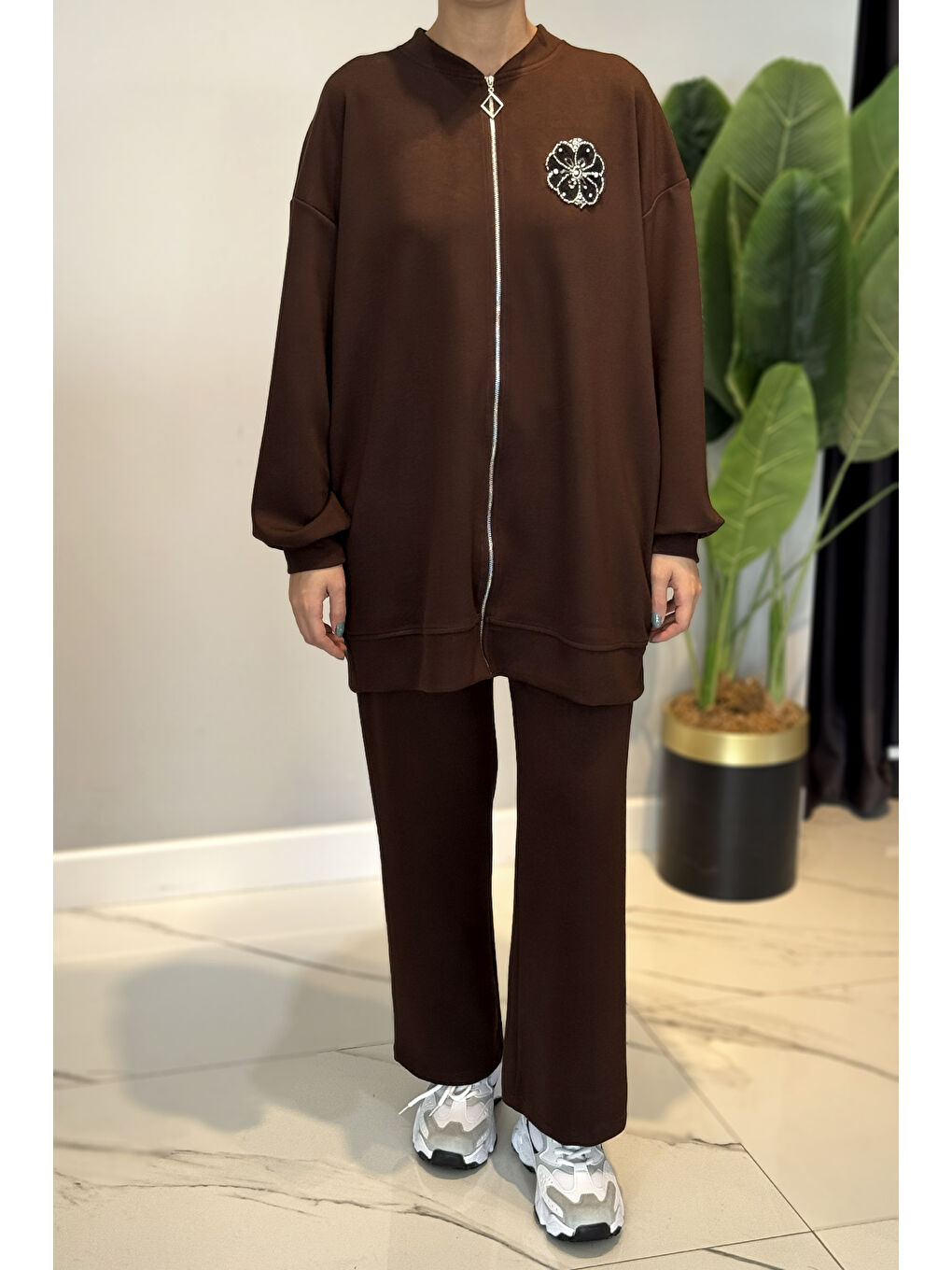 Fitilli Taş Detaylı Fermuarlı Takım 120299 Kahverengi