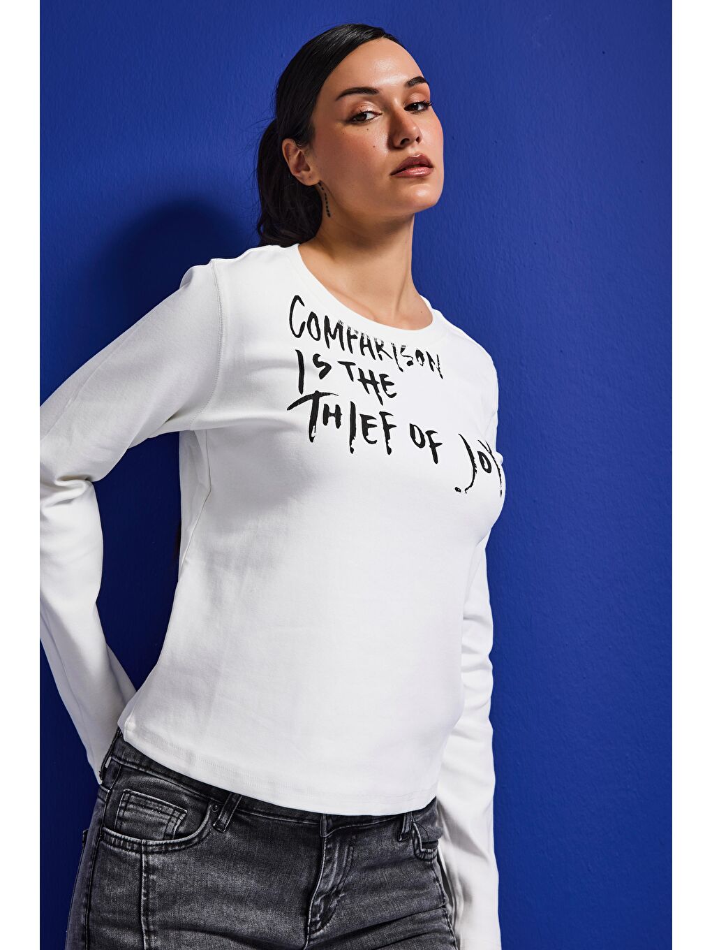 Kadın Beyaz w5 Yazı Baskılı %100 Pamuk Sweatshirt-1