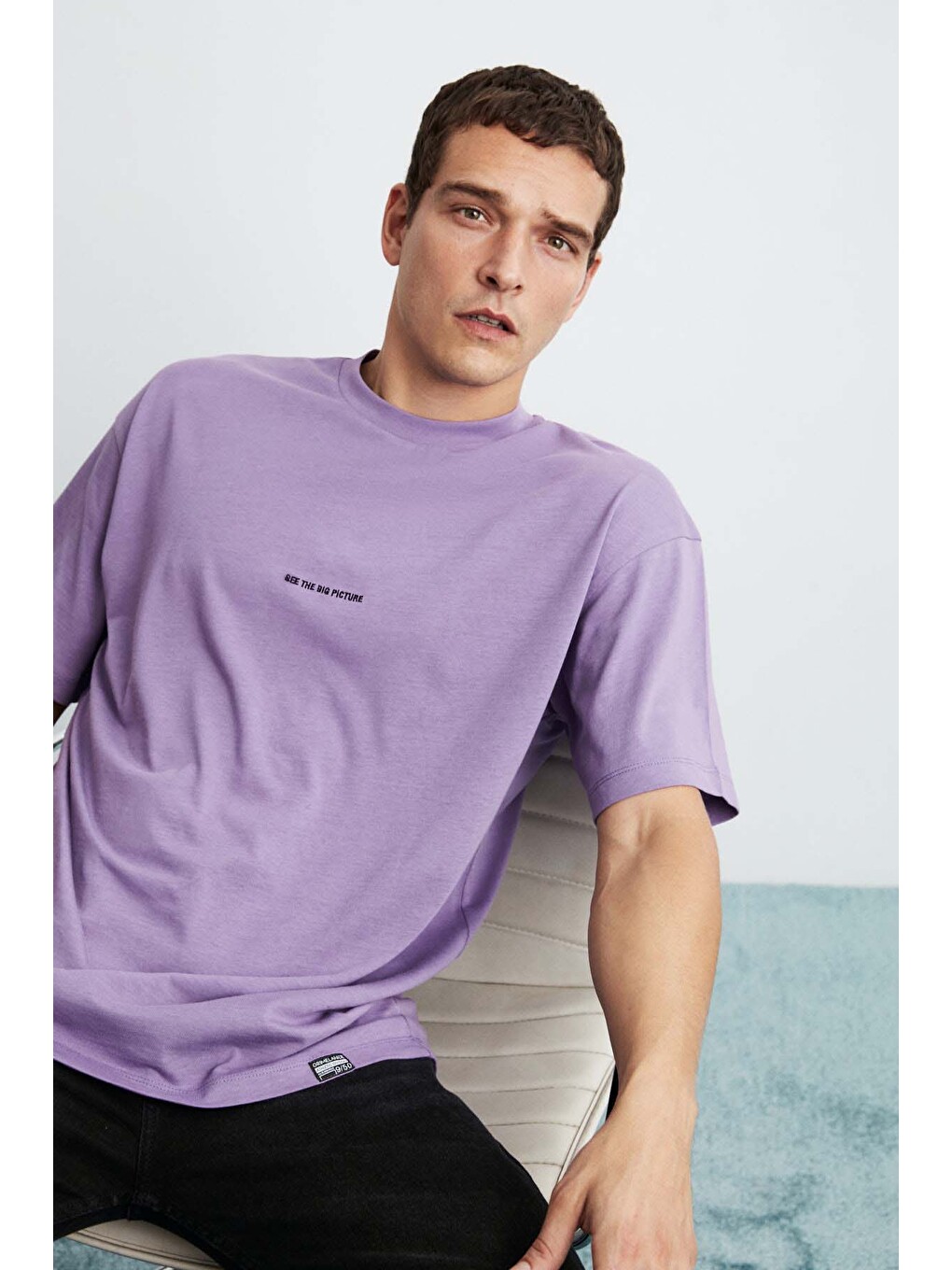 Mor RIVER Erkek Oversize Fit Bol Kesim Nakış İşlemeli Basic Örme MOR T-Shirt-1