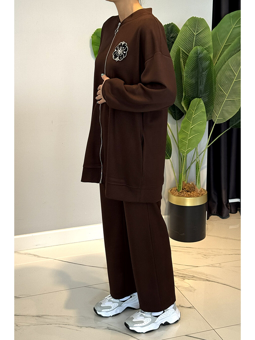 Fitilli Taş Detaylı Fermuarlı Takım 120299 Kahverengi-1