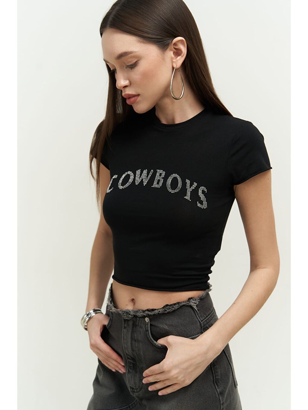 Mai Collection Siyah Cowboys Siyah Penye Crop - 2