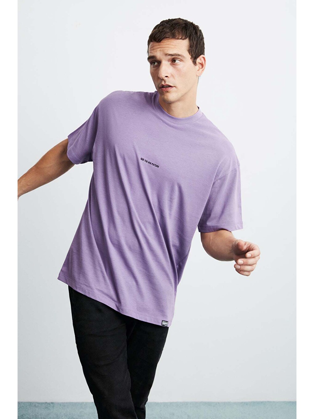 Mor RIVER Erkek Oversize Fit Bol Kesim Nakış İşlemeli Basic Örme MOR T-Shirt-2