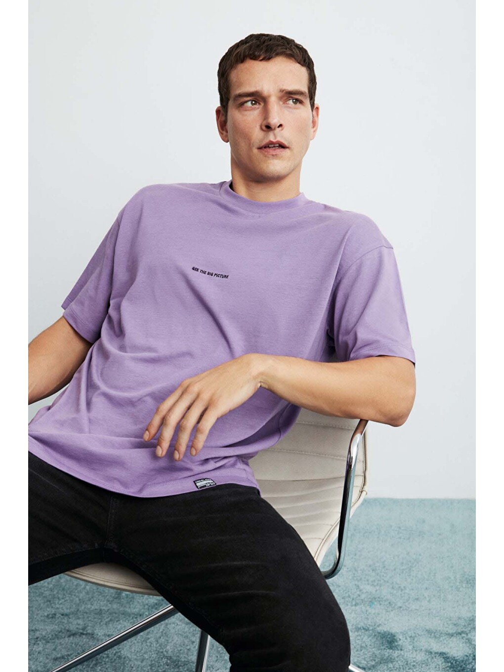Mor RIVER Erkek Oversize Fit Bol Kesim Nakış İşlemeli Basic Örme MOR T-Shirt-3