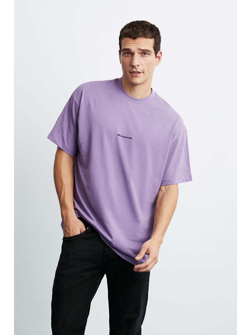 Mor RIVER Erkek Oversize Fit Bol Kesim Nakış İşlemeli Basic Örme MOR T-Shirt-4