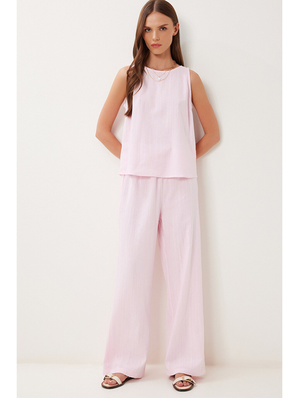 Pembe Keten Bluz Pantolon Takım ŞEKER PEMBE LMC0062