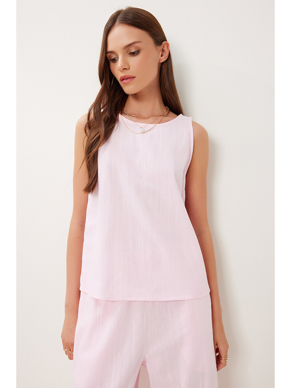 Pembe Keten Bluz Pantolon Takım ŞEKER PEMBE LMC0062-1