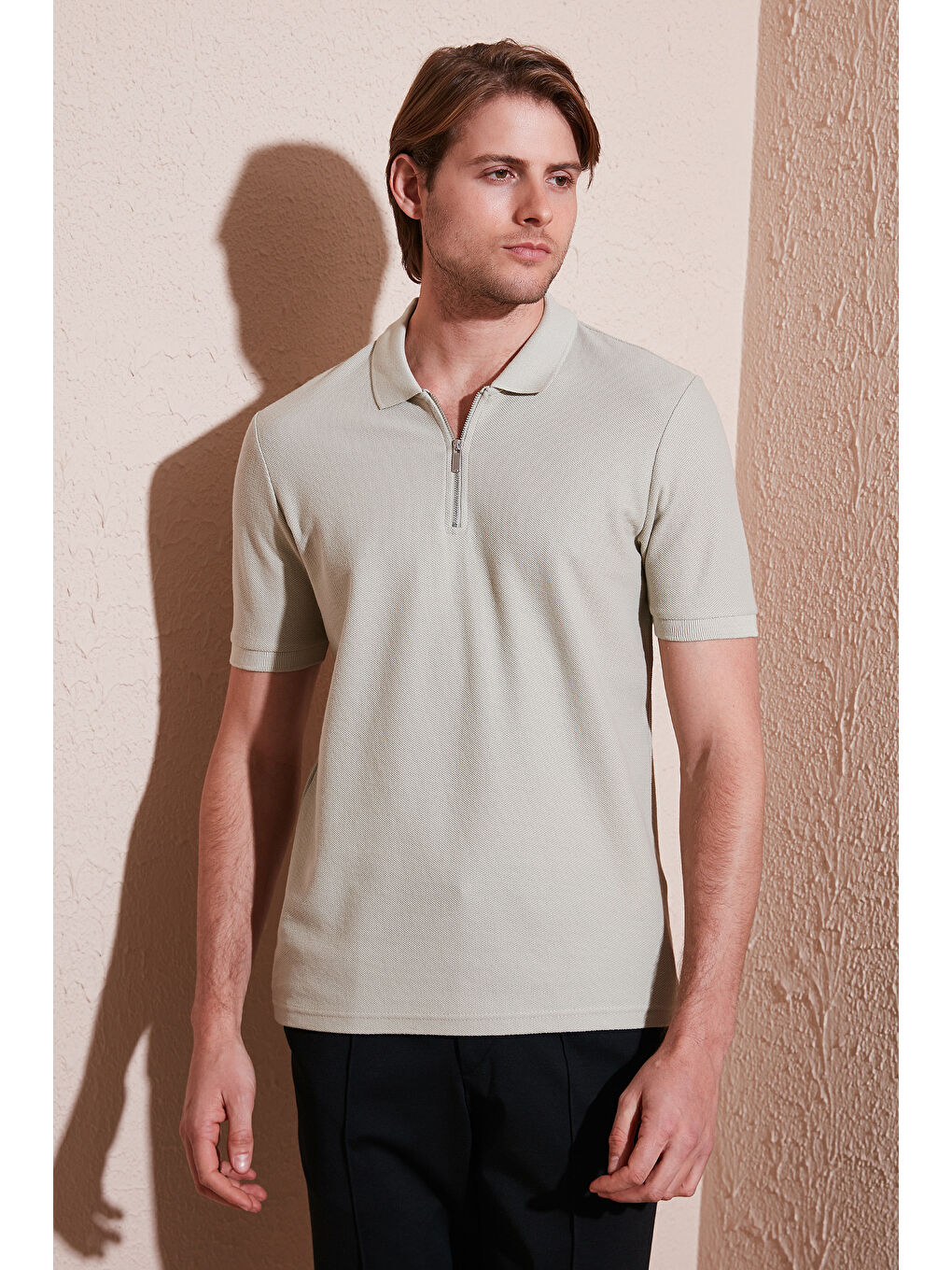 Bej Pamuklu Regular Fit Fermuarlı Erkek Polo Yaka %100 Pamuk Tişört 5902434