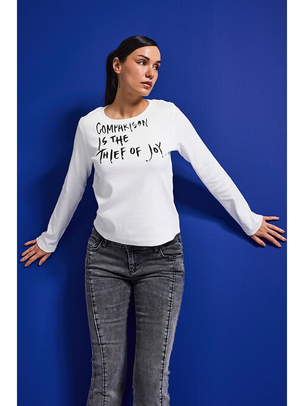 Kadın Beyaz w5 Yazı Baskılı %100 Pamuk Sweatshirt-3