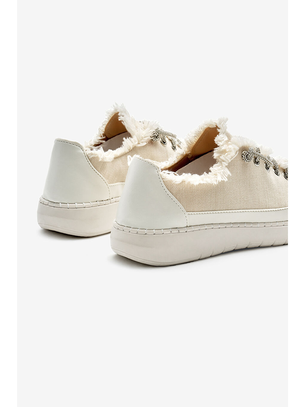 Kadın Bej Poli Taban Denim Kumaş Taşlı Bağcıklı Spor Ayakkabı-4