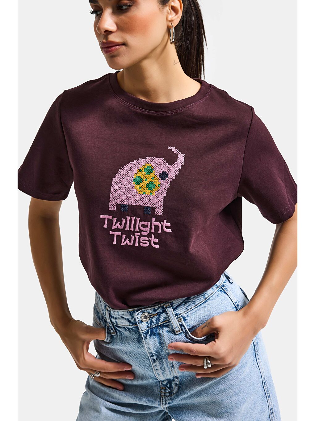 Kahverengi Kadın Kahve Bordo Renk w5 Nakış Detaylı Oversize Tasarım T-Shirt