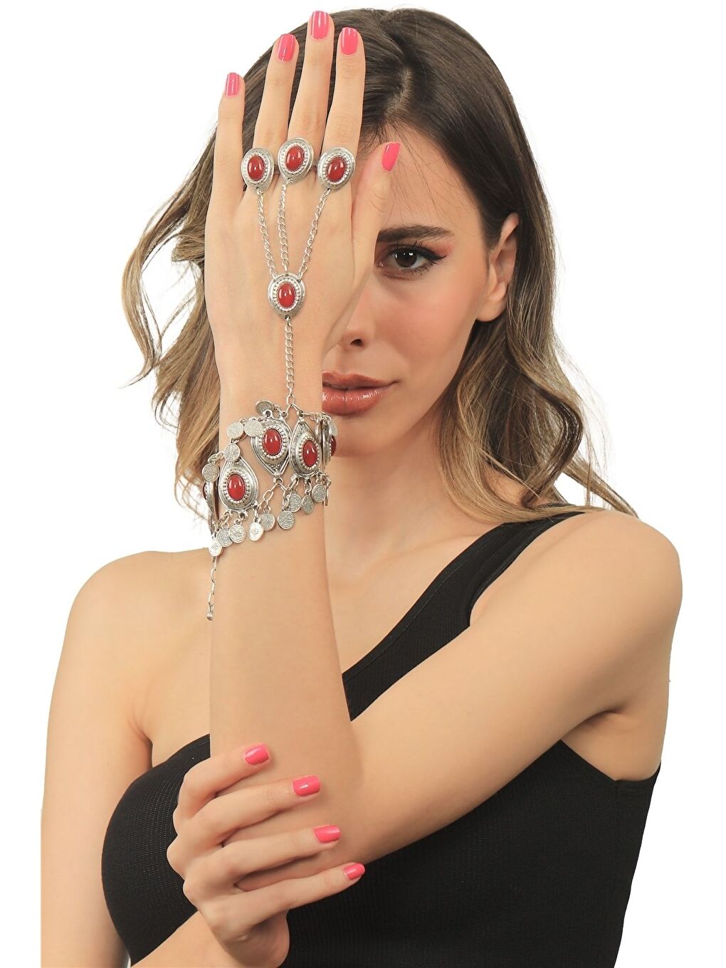 Kırmızı Kadın Antik Gümüş Kaplama Boncuklu Ayarlanabilir 3 Yüzük Detaylı El Şahmeranı-2