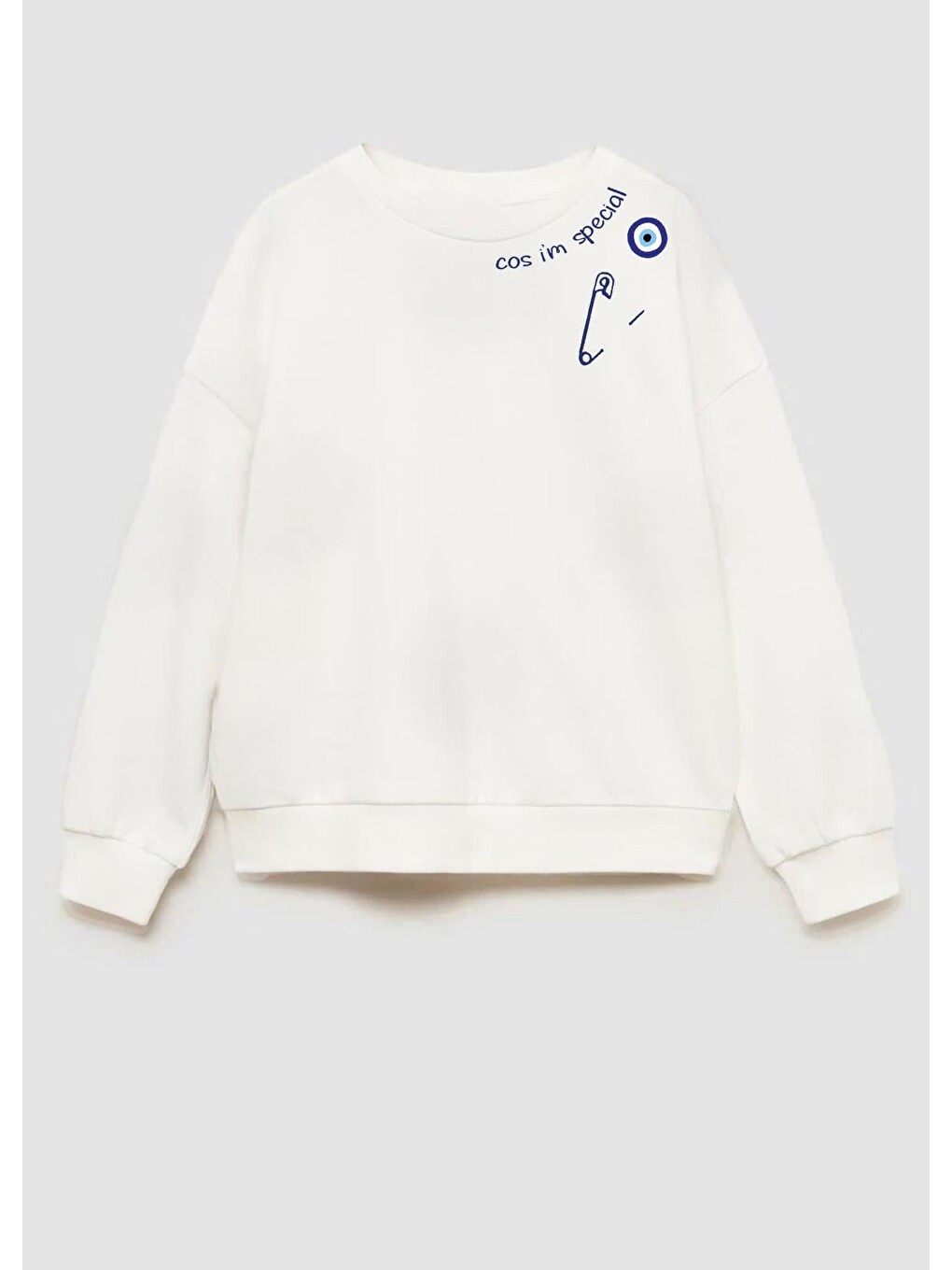Ekru Unisex Nazar Boncuğu Baskılı 3 İplik Kumaş Pamuklu Sweatshirt
