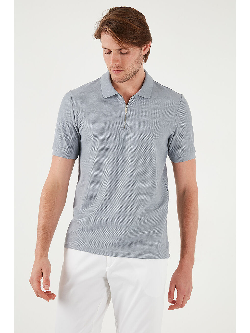 Gri Pamuklu Regular Fit Fermuarlı Erkek Polo Yaka %100 Pamuk Tişört 5902434-1